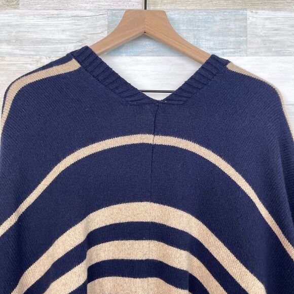 GAP Striped Poncho Sweater Navy Blue Tan Wool Camel Hair Womens OS One Size - Picture 6 of 9